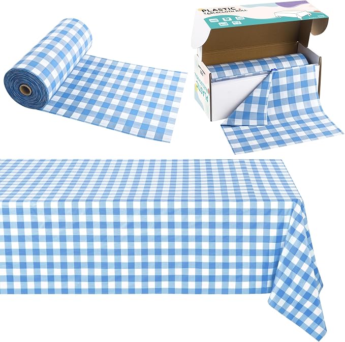 Kochorie 54 Inch x 300 Ft Light Blue Checkered Plastic Table Cloth Roll by Kochorie