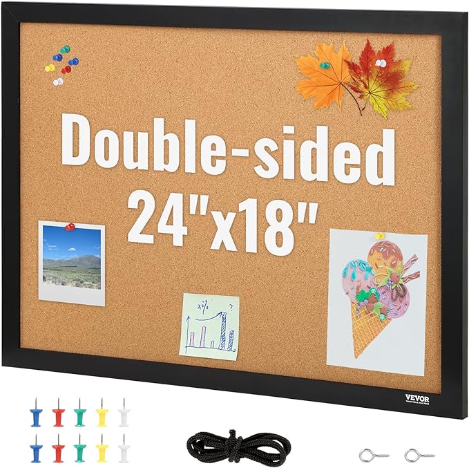 VEVOR Cork Board for Walls, Double-Sided Cork 24" x 18" Bulletin Board Vision by VEVOR