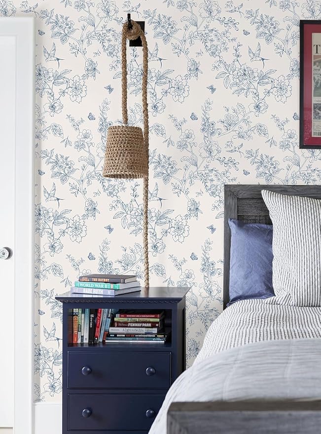 Froluya Cream White and Blue Floral Wallpaper Peel and Stick Wallpaper - Image 9