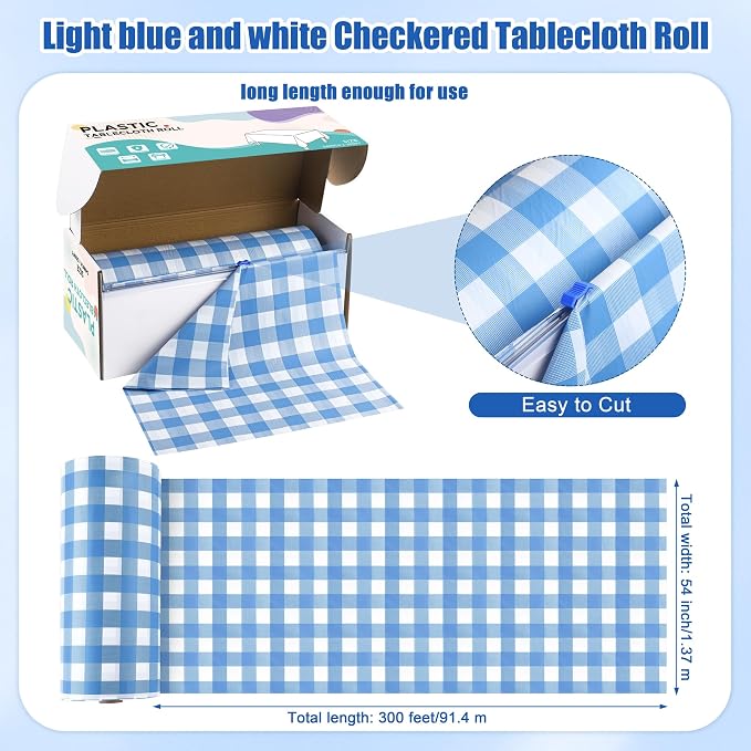 Kochorie 54 Inch x 300 Ft Light Blue Checkered Plastic Table Cloth Roll - Image 2