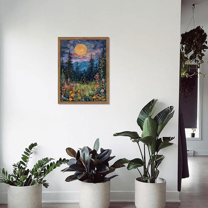 Framed Nature Forest Canvas Wall Art, Full Moon above Wildflowers and Woodland - Image 7