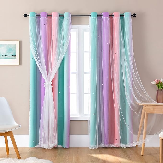 XiDi Curtains for Bedroom Decor, Rainbow PinkPuGreen-52-45 by Addsomecolortolife