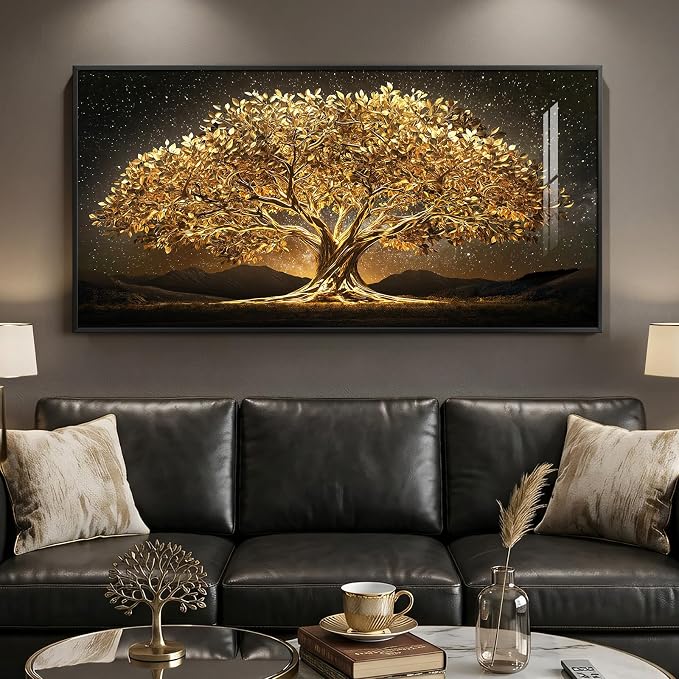 Large Framed Black and Gold Tree of Life Wall Art, Modern Luxury Tree Painting by Cuspin