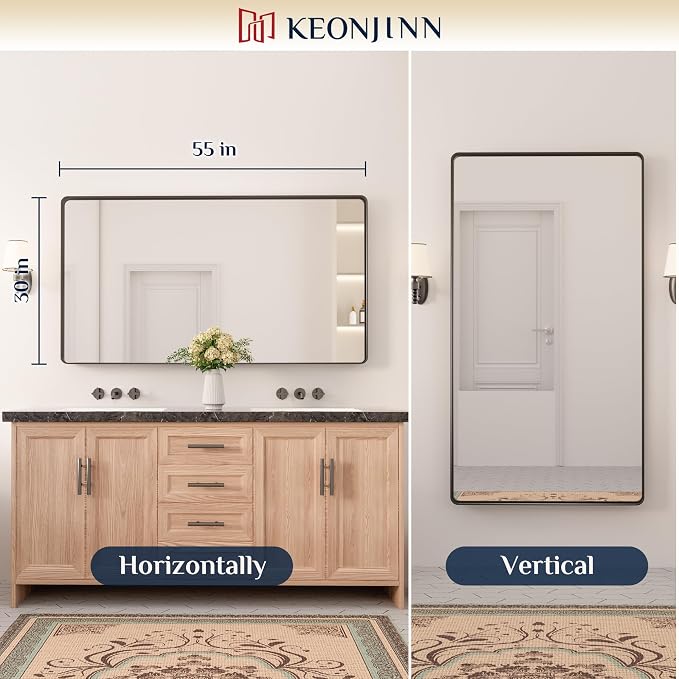 Keonjinn Black Bathroom Mirror, 55” x 30” Rounded Rectangle Sandblasted Finish - Image 8