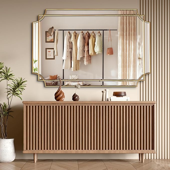 HQiJun Gold Mirror for Wall, Polished Bevelled Rectangle Mirror, Modern - Image 2