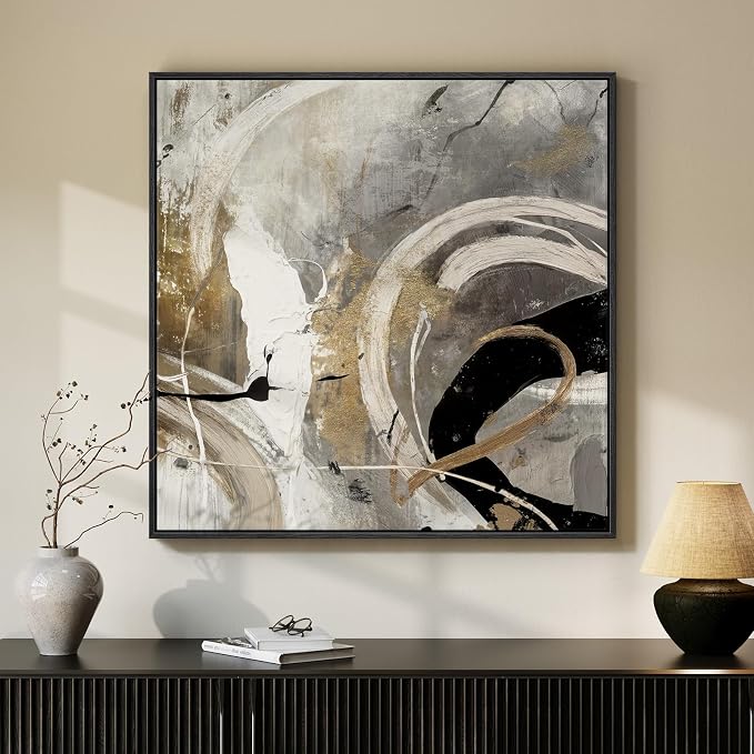 Framed Neutral Abstract Wall Art, Modern Gray Black Gold Canvas Prints Artwork by Cuspin