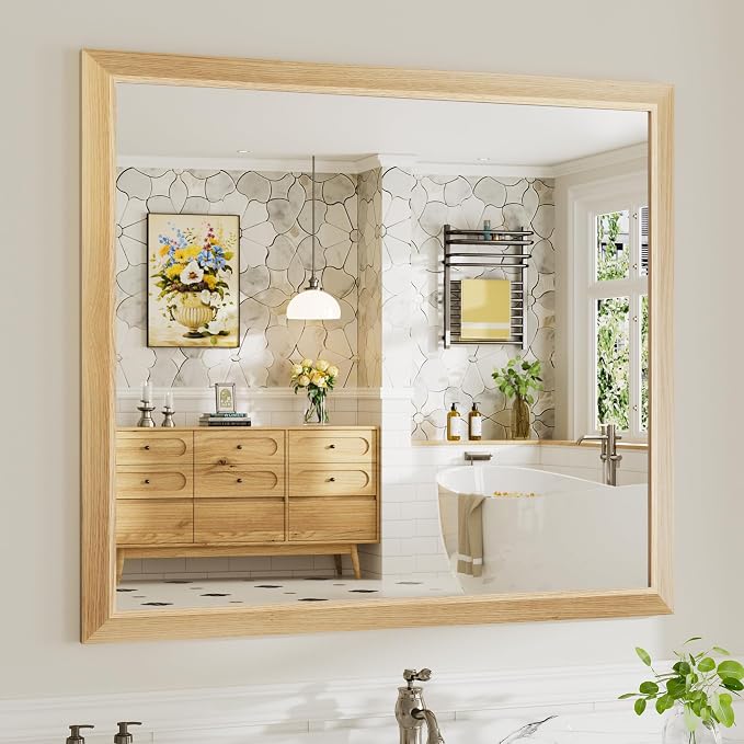 40x36 Inch Bathroom Mirror for Wall, Anti-Rust Oak Wood Grain Metal Framed by Briivuemodernmirrors