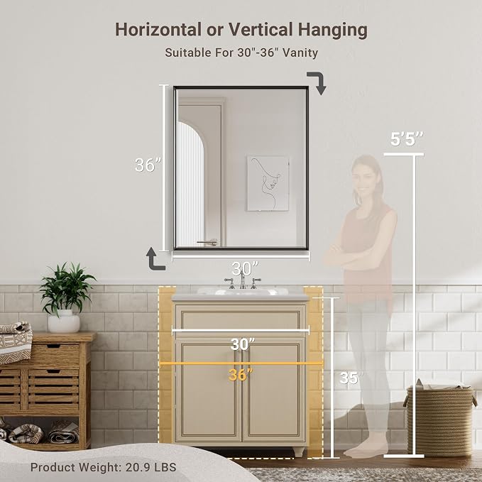 Black Framed Mirror for Bathroom, 30x36 Inch Black Rectangle Beveled Bathroom - Image 2