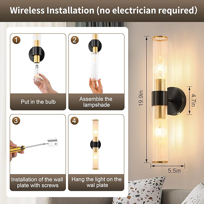 Black Gold Battery Operated Wall Sconces Set of 2, Rechargeable Wall Lights - Image 4