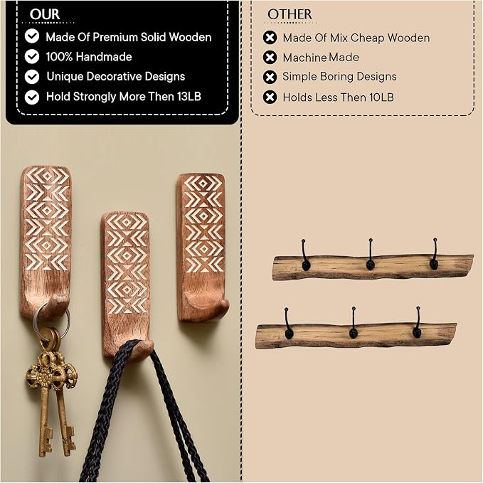 IndianShelf 10 LB- 6 Pieces Decorative Wood Adhesive Wall Hooks–Boho Peel and - Image 3