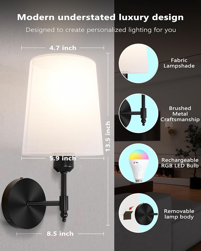 Ouyulong Battery Operated Wall Sconces Set of 2, Wireless Rechargeable Dimmable - Image 4