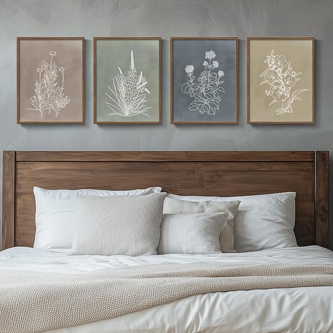 Boho Framed Botanical Wall Art for Bedroom, 4 Piece Vintage Neutral Floral by Cuspin