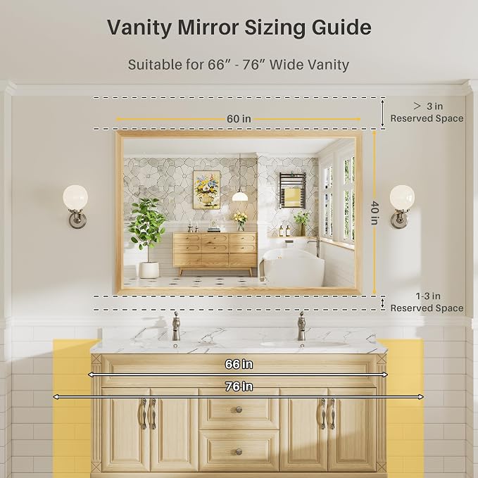60x40 Inch Bathroom Mirror for Wall, Anti-Rust Oak Wood Grain Metal Framed - Image 2