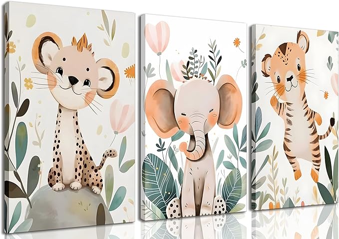 3 Pcs Safari Animals Nursery Canvas Wall Art Jungle Animals Cheetah Elephant by SXHANJXT