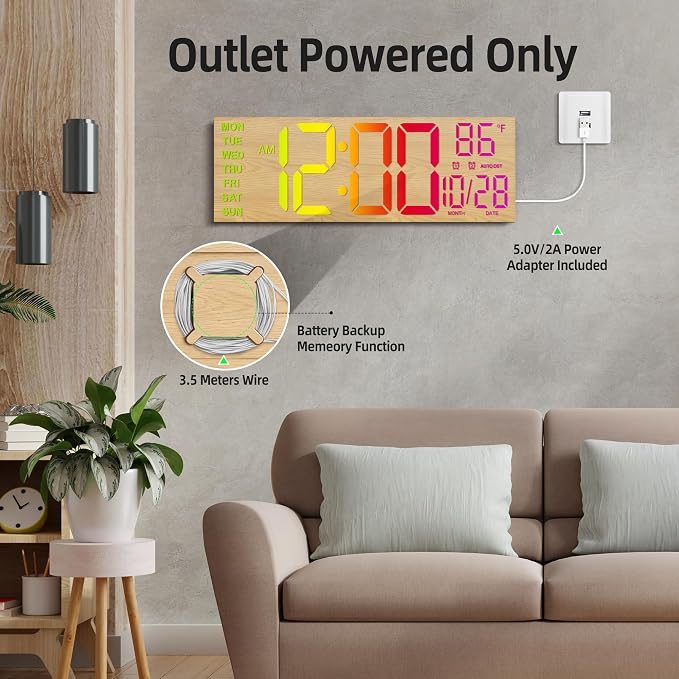 HAITANG 16.2" Large Digital Clock， 8 Colors Decorative Wood Wall Clock - Image 6