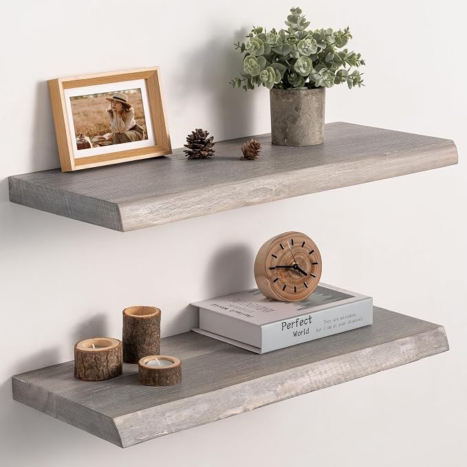 Live Edge Floating Shelves Set of 2, 24 Inch Solid Elm Wood Wall Shelves by Unknown