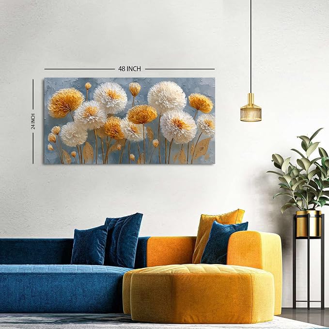 Abstract White Flower Wall Art Golden Floral Pictures Wall Decor Neutral - Image 2