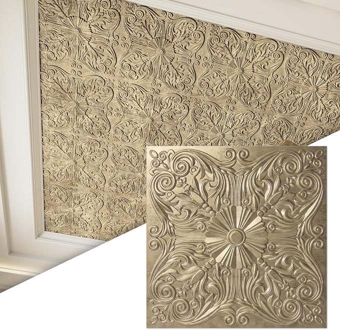 Art3d 12-Pack PVC Drop Ceiling Tiles, 2ft x 2ft, Floral Gold by Art3d