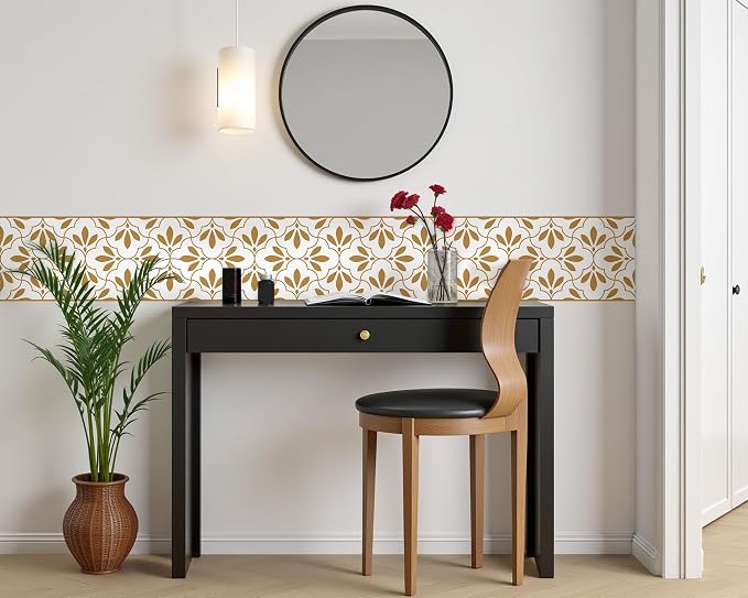 FLFK Wallpaper Border Gold and White Patterns Peel and Stick Wall Border Self - Image 4