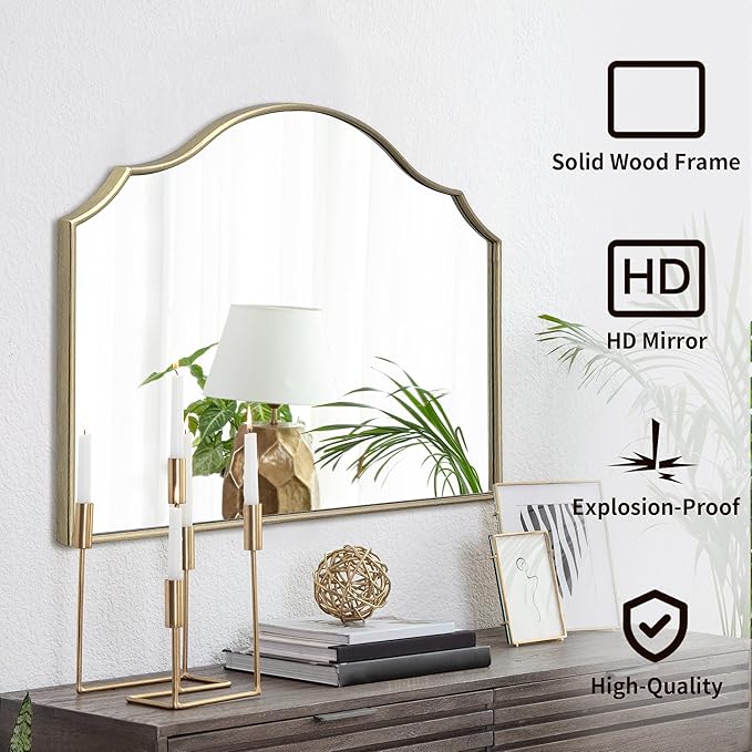 Besdomus Gold Scalloped Mirror for Vanity: 32"x24" Modern Minimalist Wooden - Image 2