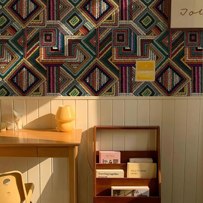 Retro Textured Peel and Stick Wallpaper Geometric Patchwork color Mosaic - Image 3