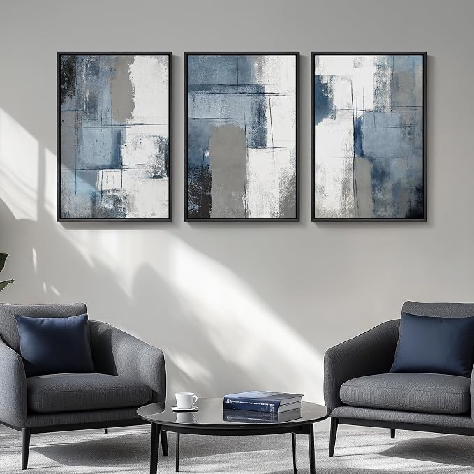 Large Framed Blue and Grey Abstract Wall Art, 3 Piece Modern Canvas Prints - Image 4