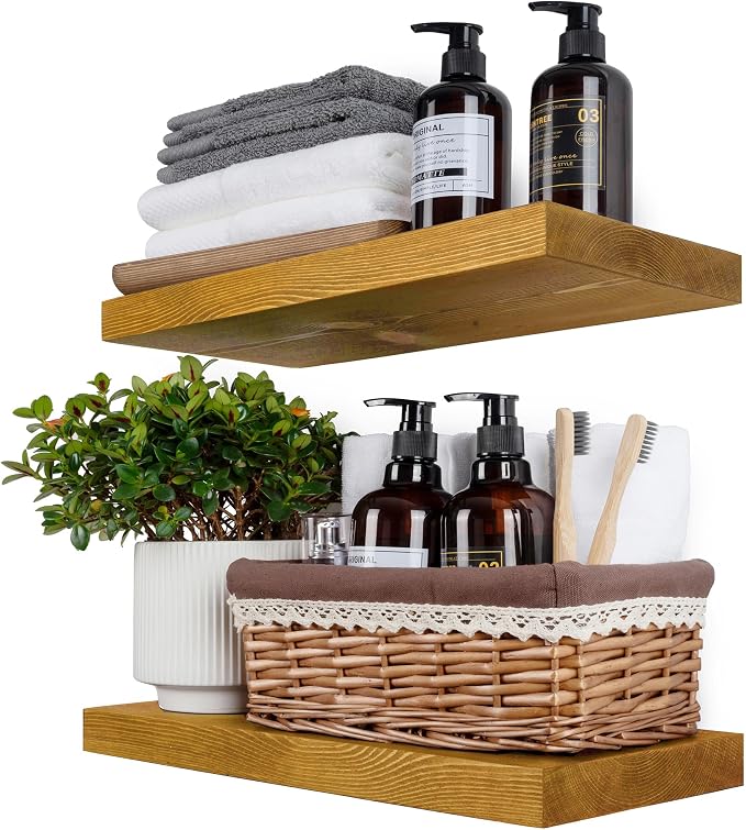 BGMG Wood Floating Shelves for Wall 16 inch Set of 2, Rustic Wooden Wall Mount by BGMG