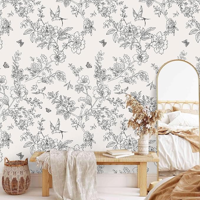 Froluya Black and Cream White Floral Wallpaper Peel and Stick Wallpaper - Image 5