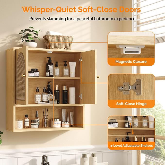 VINGLI Rattan Bathroom Wall Cabinet, Boho Medicine Cabinet - Image 6