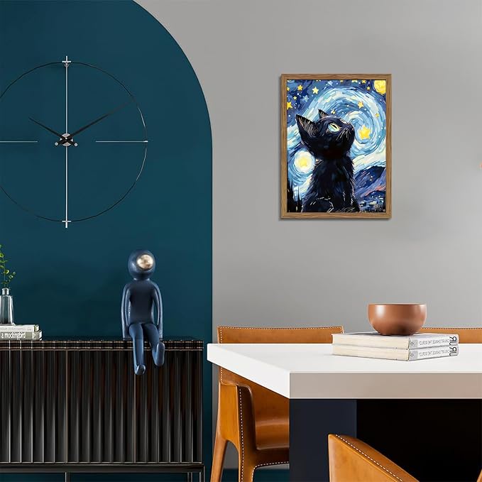 Framed Black Cat Wall Art, Van Gogh Starry Night Canvas Wall Decor, Cute Cat - Image 9
