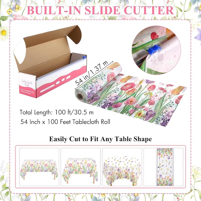 Kochorie 100 Ft x 54 Inch Spring Flower Tulip Tablecloth Roll Plastic Floral - Image 2