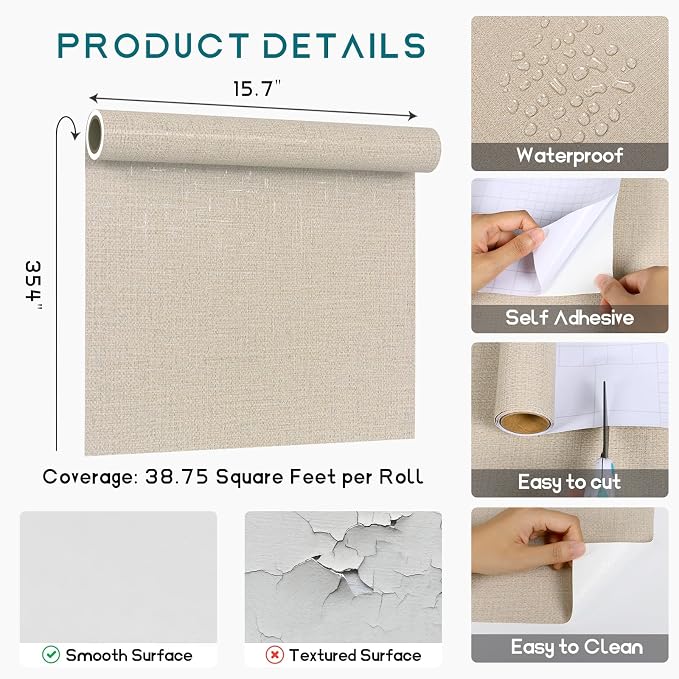 VEELIKE Beige Grasscloth Peel and Stick Wallpaper Textured Grass Woven - Image 9