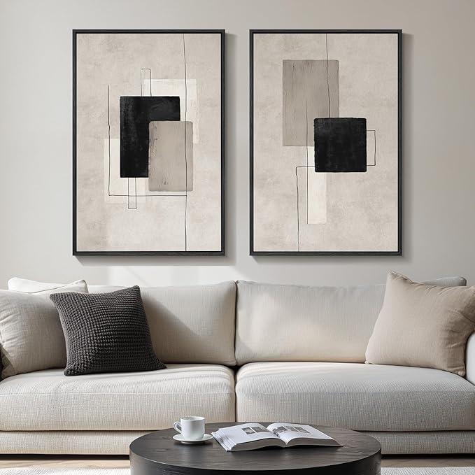 Large Framed Neutral Abstract Wall Art Set of 2, Minimalist Block Lines Pictures by Cuspin