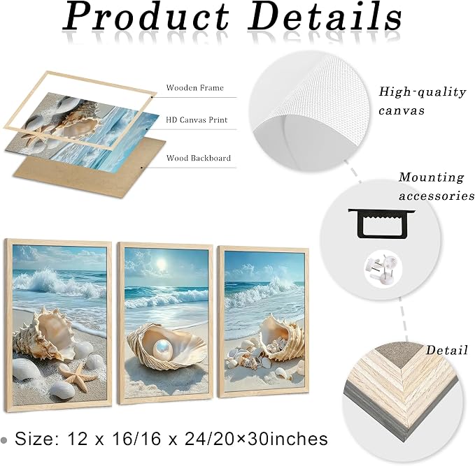 SYWENNOI 3 Piece Wood Framed Beach Wall Art, Sandy Shore, Pearl in Shell - Image 6