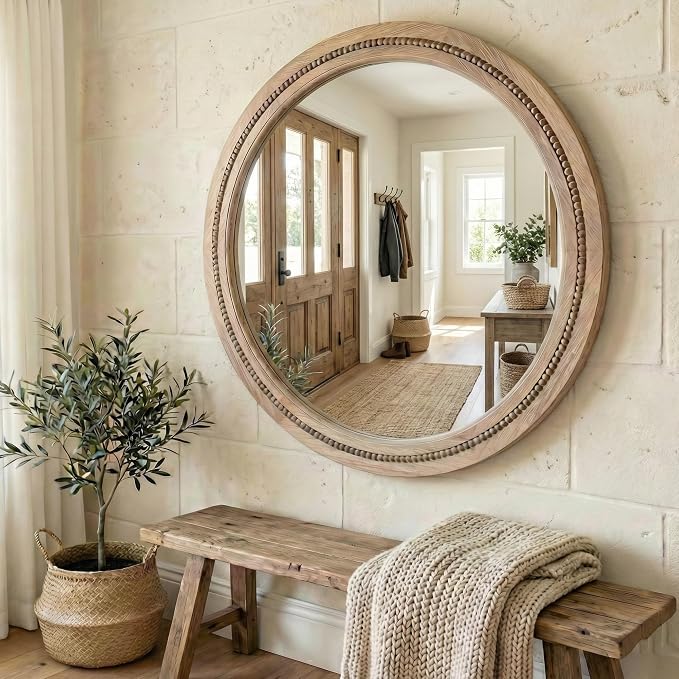 36" Large Round Wood Mirror for Living Room Fireplace, Big Solid Wood Wall - Image 2