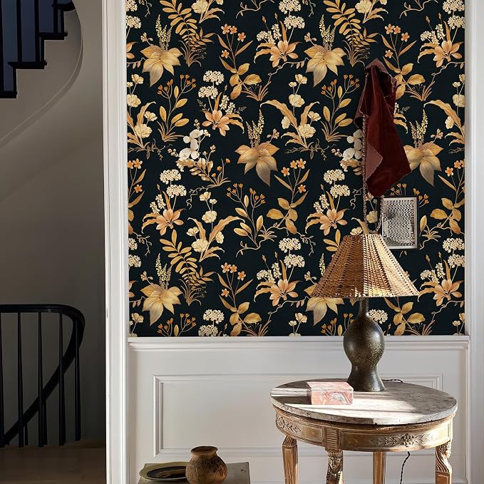 Simon&Siff Vintage Wallpaper Peel and Stick Black Gold Floral Wallpaper - Image 5