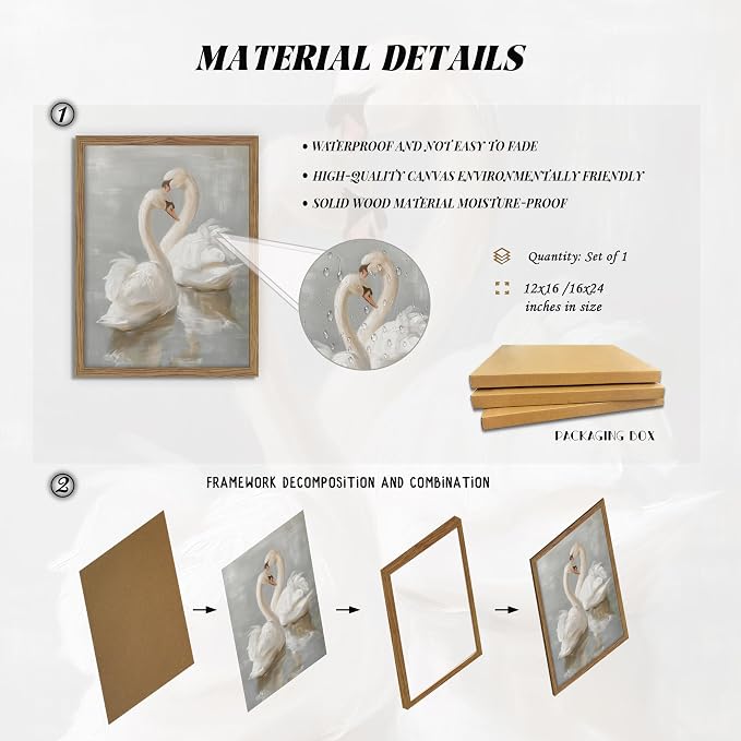 Framed White Swan Canvas Wall Art – Vintage Romantic Swan Oil Painting - Image 5
