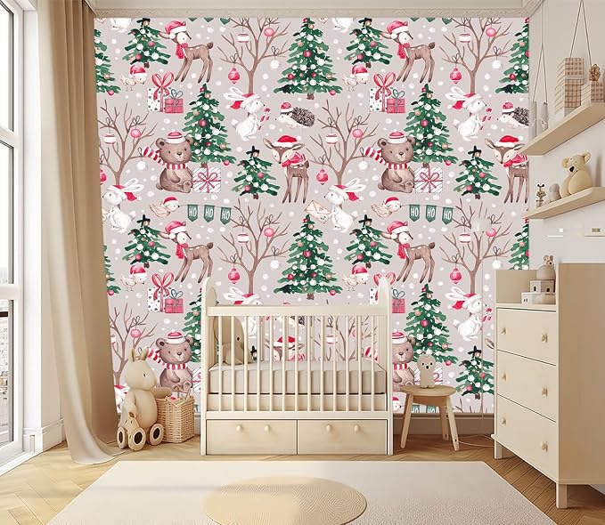 XMPMBM-Christmas Day Cartoon Pine Forest Nursery Room Fabric Wallpaper Kids - Image 2