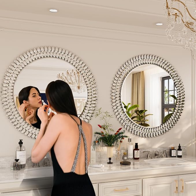 Kelly Miller 36" Large Round Jeweled Wall Mirror, Luxury Diamond Beveled - Image 5