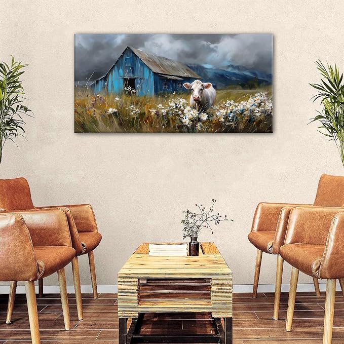 AIYISU Farmhouse Cow Wall Art Rustic Barn Landscape Pictures Wall Decor Blue - Image 4