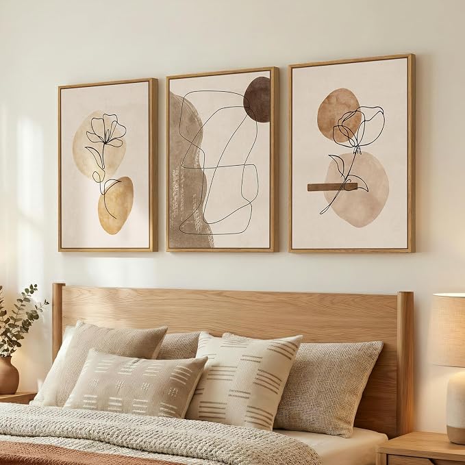Framed Neutral Abstract Boho Wall Art Bedroom, 3 Piece Brown Black Botanical - Image 2