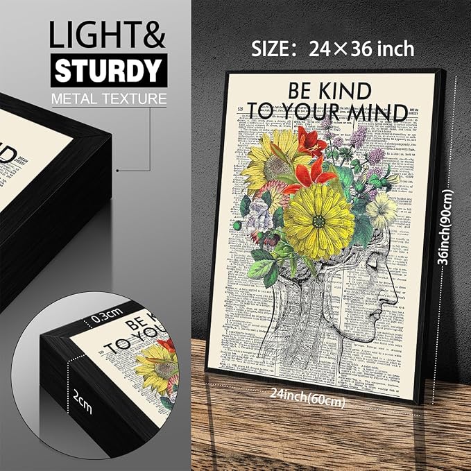 Be Kind To Your Mind Quote Poster Prints Mental Health Canvas Wall Art 24x36 - Image 2