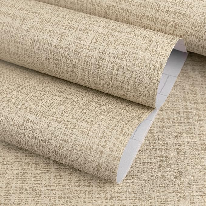 TANONE Khaki Contact Paper Peel and Stick, Grasscloth Beige Wallpaper Self by TANONE