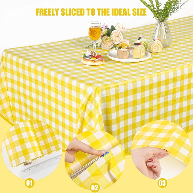 Kochorie 54 Inch x 300 Ft Light Yellow Checkered Plastic Table Cloth Roll - Image 4