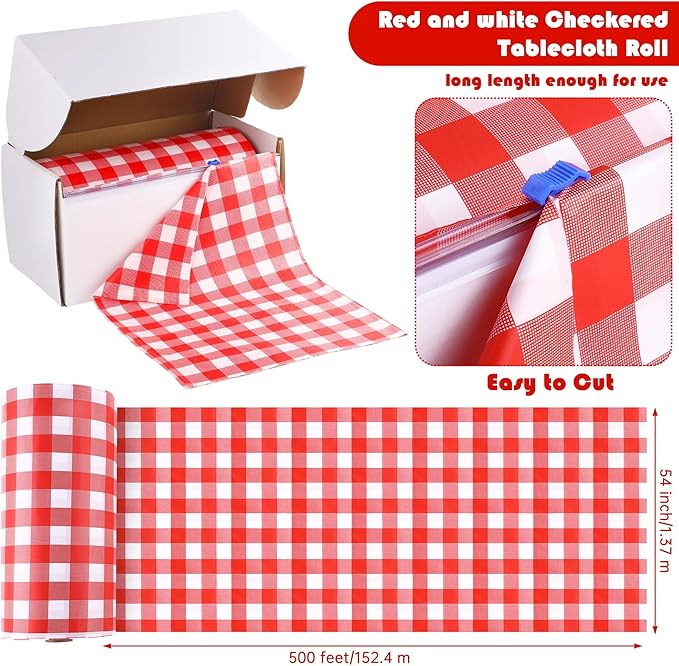 Kochorie 54 Inch x 500 Ft Red Checkered Plastic Table Cloth Roll Disposable - Image 2
