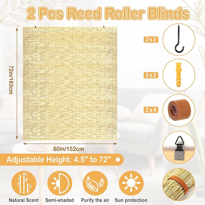 DoubleFill 2 Pcs Bamboo Shades Outdoor Reed Roll up Blinds 60" W x 72" H - Image 2