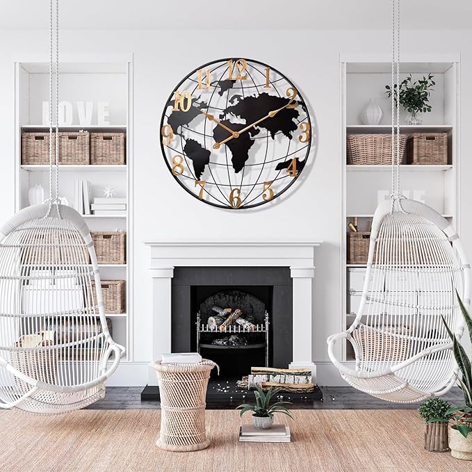 Large World Map Wall Clock, Metal Minimalist Modern Clock, Round Silent - Image 6