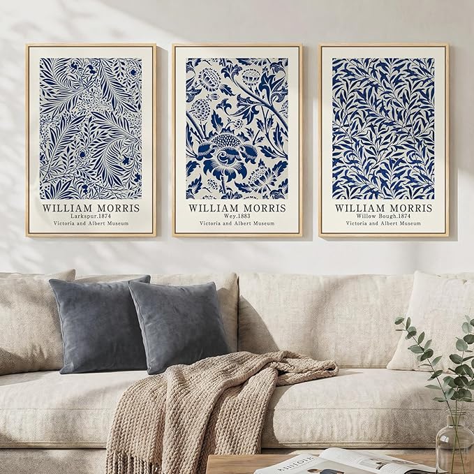 Framed Large William Morris Wall Art Set of 3, Vintage Blue Botanical Floral by Cuspin