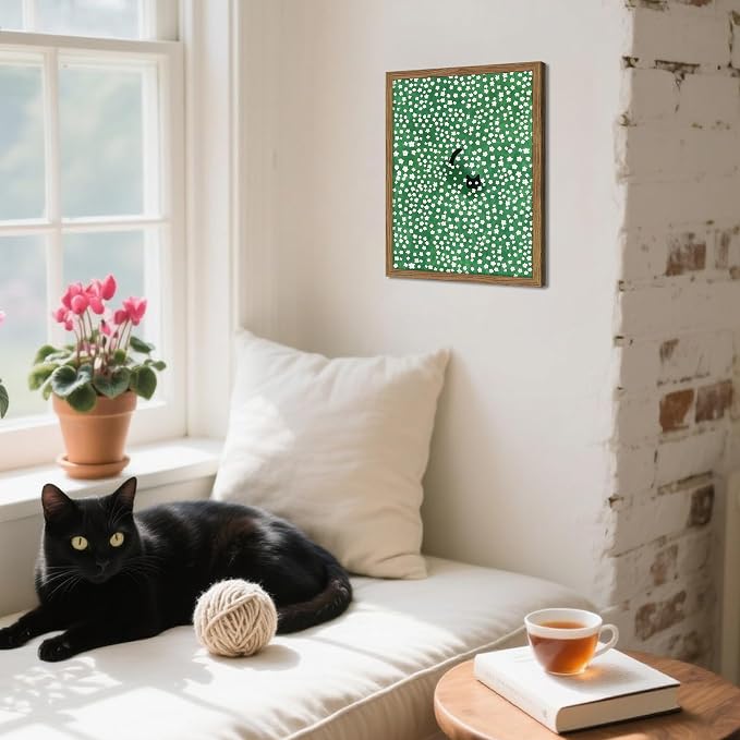 Framed Floral Black Cat Canvas Wall Art, Cute Black Cat in Daisy Field Painting - Image 7