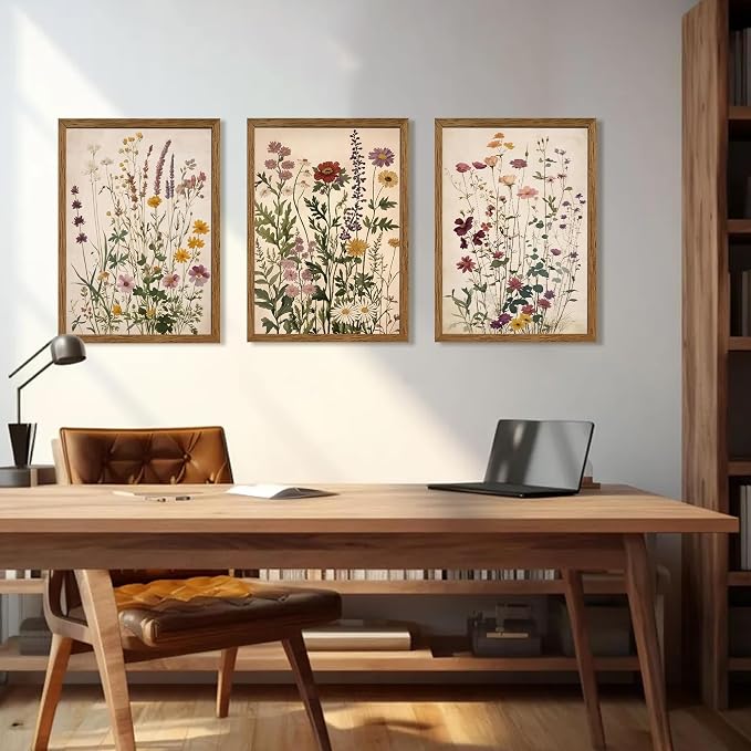 WRFON Botanical and Flower Canvas Wall Art, Framed Wildflower Wall Art Set of 3 - Image 3